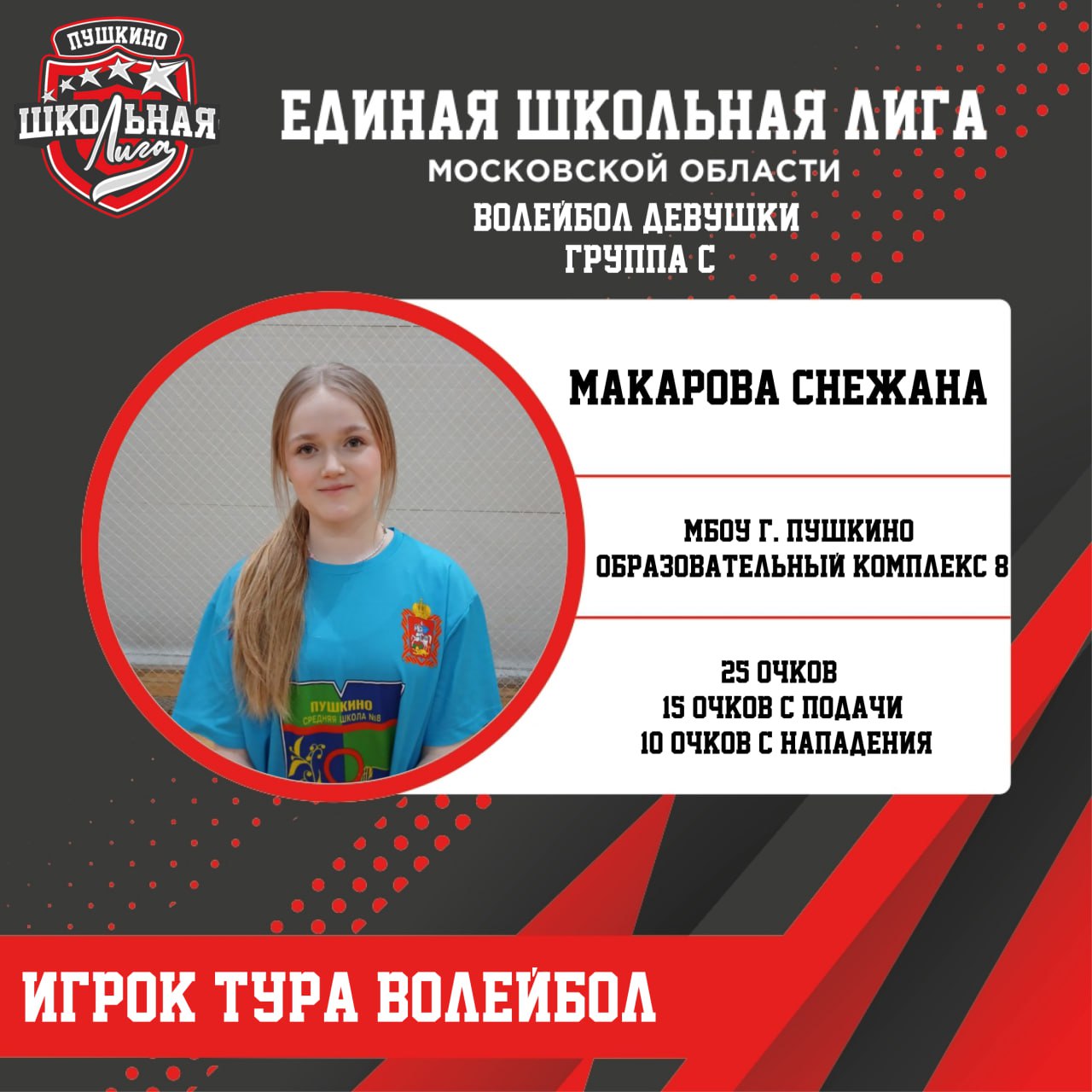 По итогам тура группы C по волейболу среди девушек,  лучшим игроком признан капитан команды МБОУ г. Пушкино "Образовательный комплекс 8" - Макарова Снежана